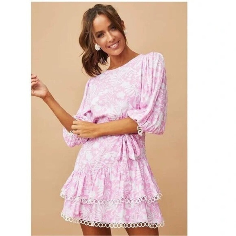 Pink Floral Tie-Waist Mini Dress with Lace Trim
